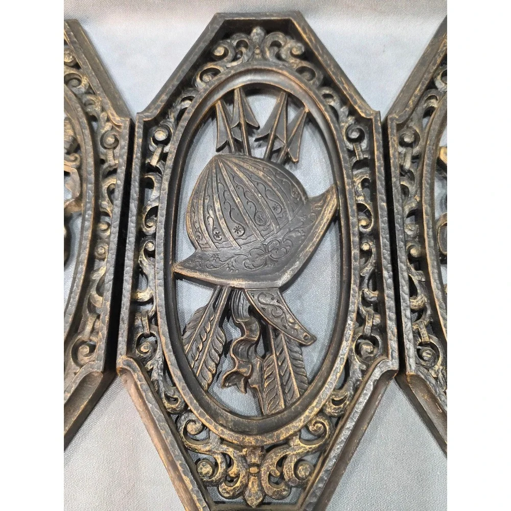 Vintage Medieval Knight Wall Art Set 3 Resin Plaques Armor Shield Helmet Bronze